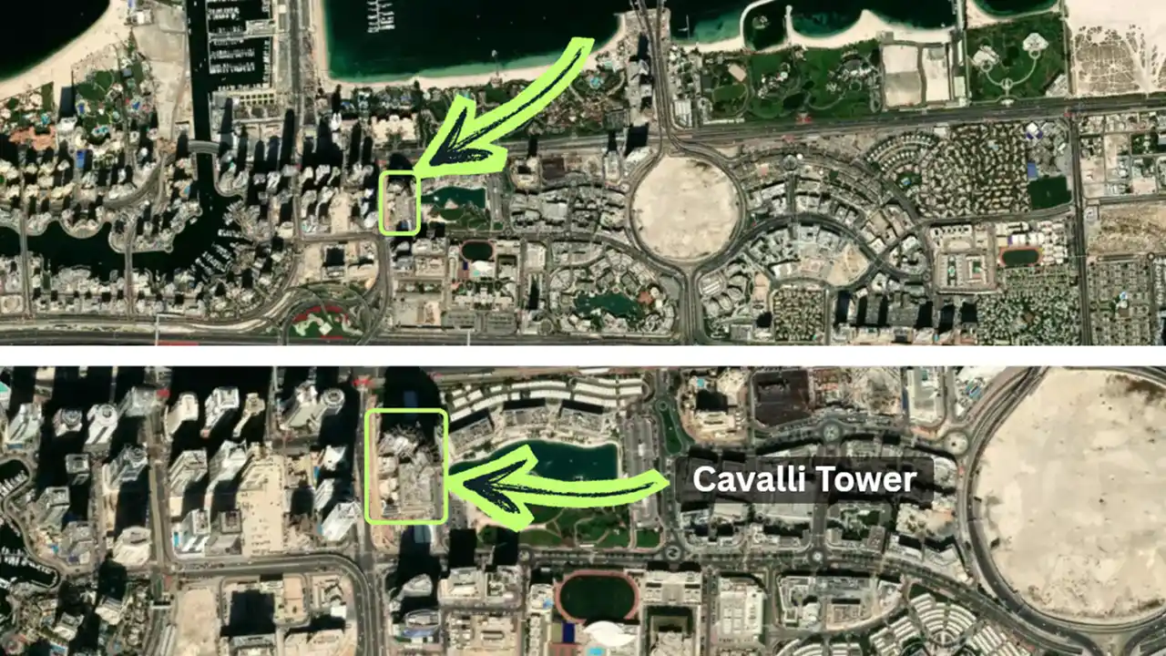 Cavalli Tower location within Dubai Media City showing the project position on a satellite map near surrounding landmarks. Presented by Tohid Fetrat