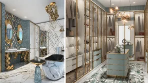 CHIC Tower by DAMAC in Business Bay luxury bathroom and walk in closet with designer finishes marble details and custom wardrobes in Dubai Presented by Tohid Fetrat