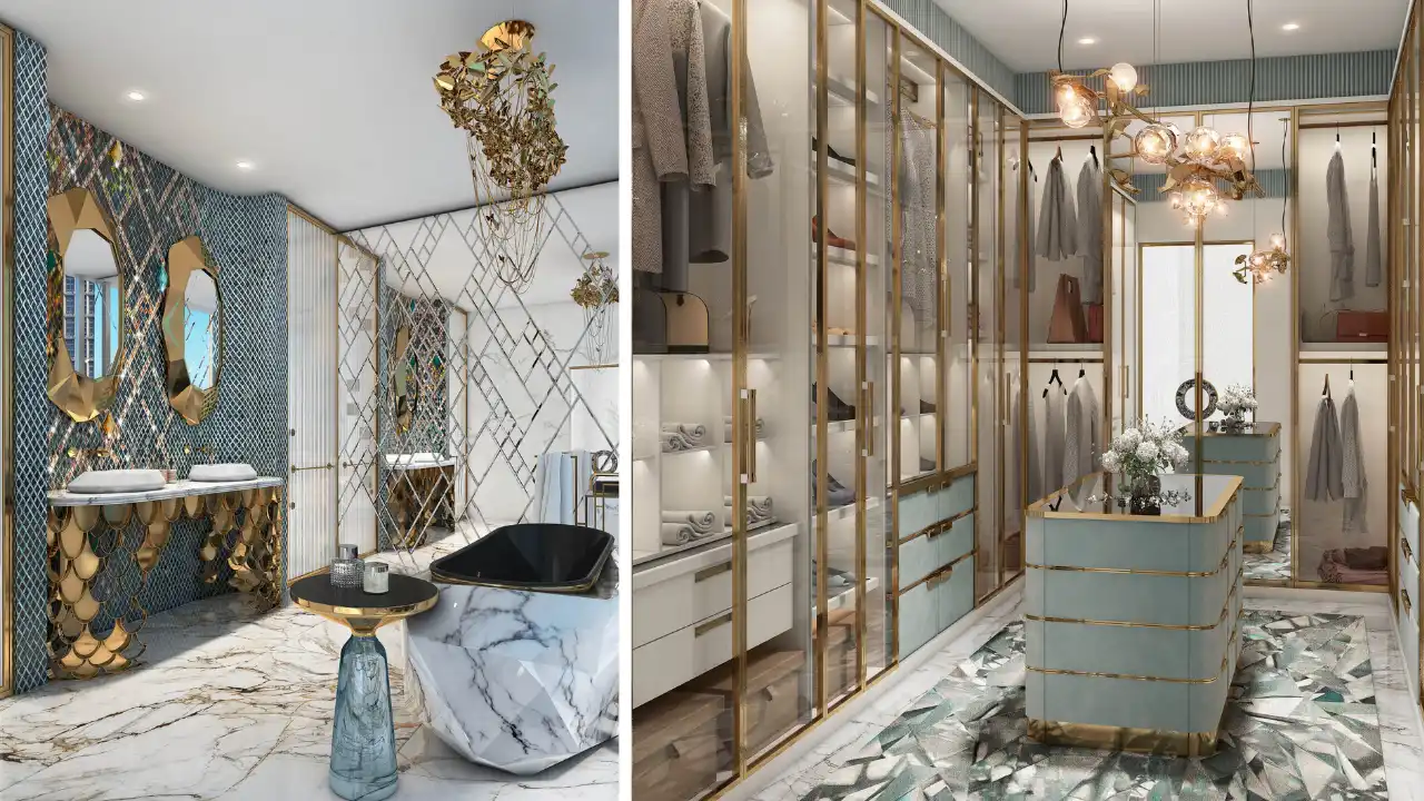 CHIC Tower by DAMAC in Business Bay luxury bathroom and walk in closet with designer finishes marble details and custom wardrobes in Dubai Presented by Tohid Fetrat
