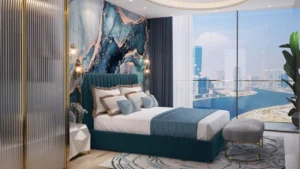 CHIC Tower by DAMAC in Business Bay luxury bedroom with panoramic canal views designer wall feature and floor to ceiling windows in Dubai Presented by Tohid Fetrat
