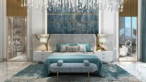 CHIC Tower by DAMAC in Business Bay luxury bedroom interior with designer headboard crystal chandelier and premium finishes in Dubai Presented by Tohid Fetrat