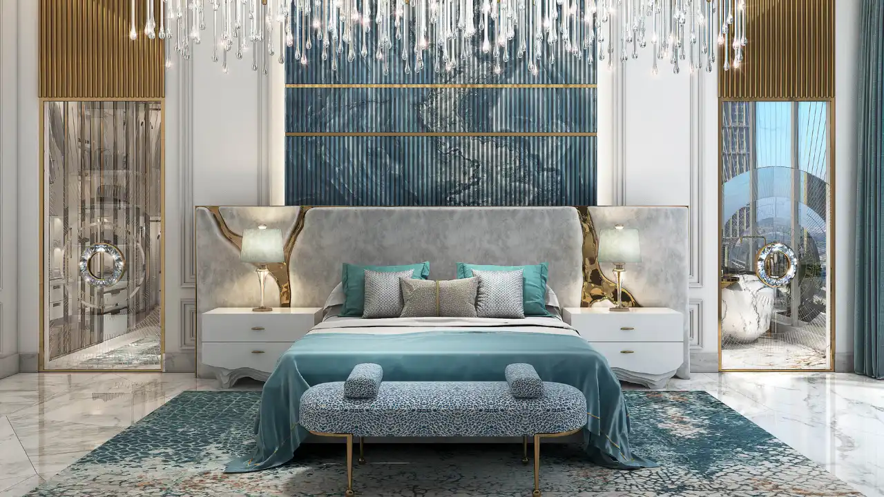 CHIC Tower by DAMAC in Business Bay luxury bedroom interior with designer headboard crystal chandelier and premium finishes in Dubai Presented by Tohid Fetrat