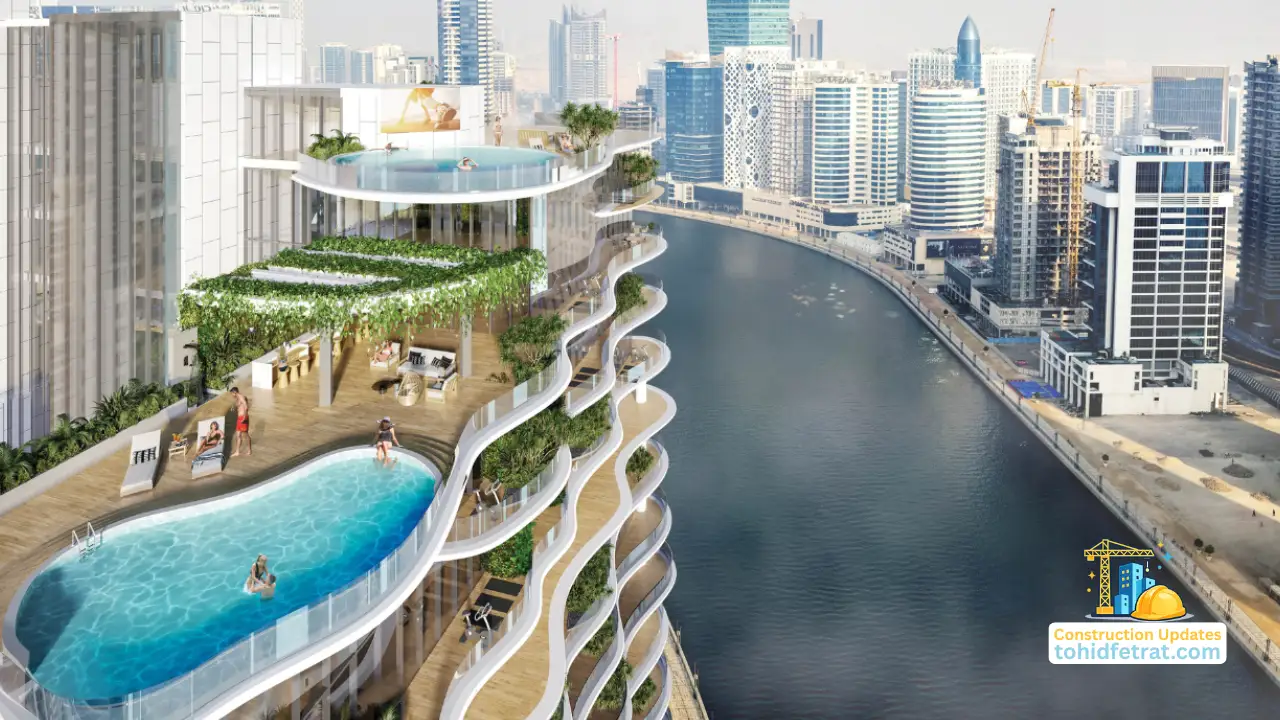 CHIC Tower by DAMAC in Business Bay rooftop infinity pool and canal facing terraces featured in the April 2026 Construction Update in Dubai Presented by Tohid Fetrat