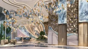 CHIC Tower by DAMAC in Business Bay luxury elevator lobby with artistic chandeliers designer wall features and premium finishes in Dubai Presented by Tohid Fetrat