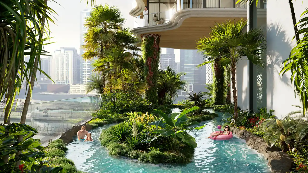 CHIC Tower by DAMAC in Business Bay tropical lagoon river amenity with lush landscaping and wellness inspired outdoor spaces in Dubai Presented by Tohid Fetrat