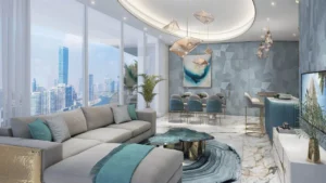 CHIC Tower by DAMAC in Business Bay luxury living room with floor to ceiling windows open dining area and canal views in Dubai Presented by Tohid Fetrat