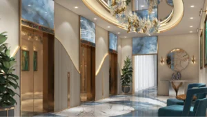 CHIC Tower by DAMAC in Business Bay luxury elevator lobby with designer chandelier marble flooring and lounge seating in Dubai Presented by Tohid Fetrat