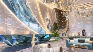 CHIC Tower by DAMAC in Business Bay luxury lobby interior with artistic feature wall crystal chandelier and designer lounge seating in Dubai Presented by Tohid Fetrat