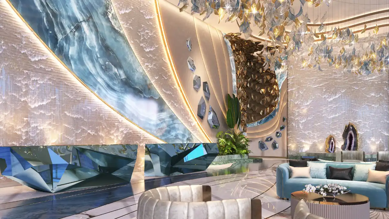 CHIC Tower by DAMAC in Business Bay luxury lobby interior with artistic feature wall crystal chandelier and designer lounge seating in Dubai Presented by Tohid Fetrat