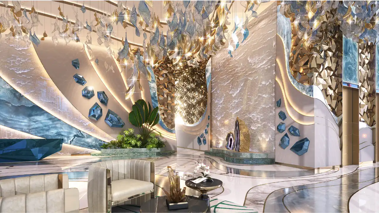 CHIC Tower by DAMAC in Business Bay luxury lobby interior with artistic crystal chandelier sculptural wall features and designer seating in Dubai Presented by Tohid Fetrat