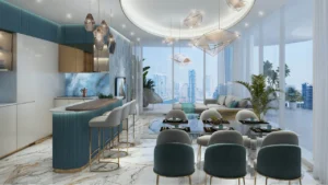 CHIC Tower by DAMAC in Business Bay open plan living and dining area with designer kitchen floor to ceiling windows and skyline views in Dubai Presented by Tohid Fetrat