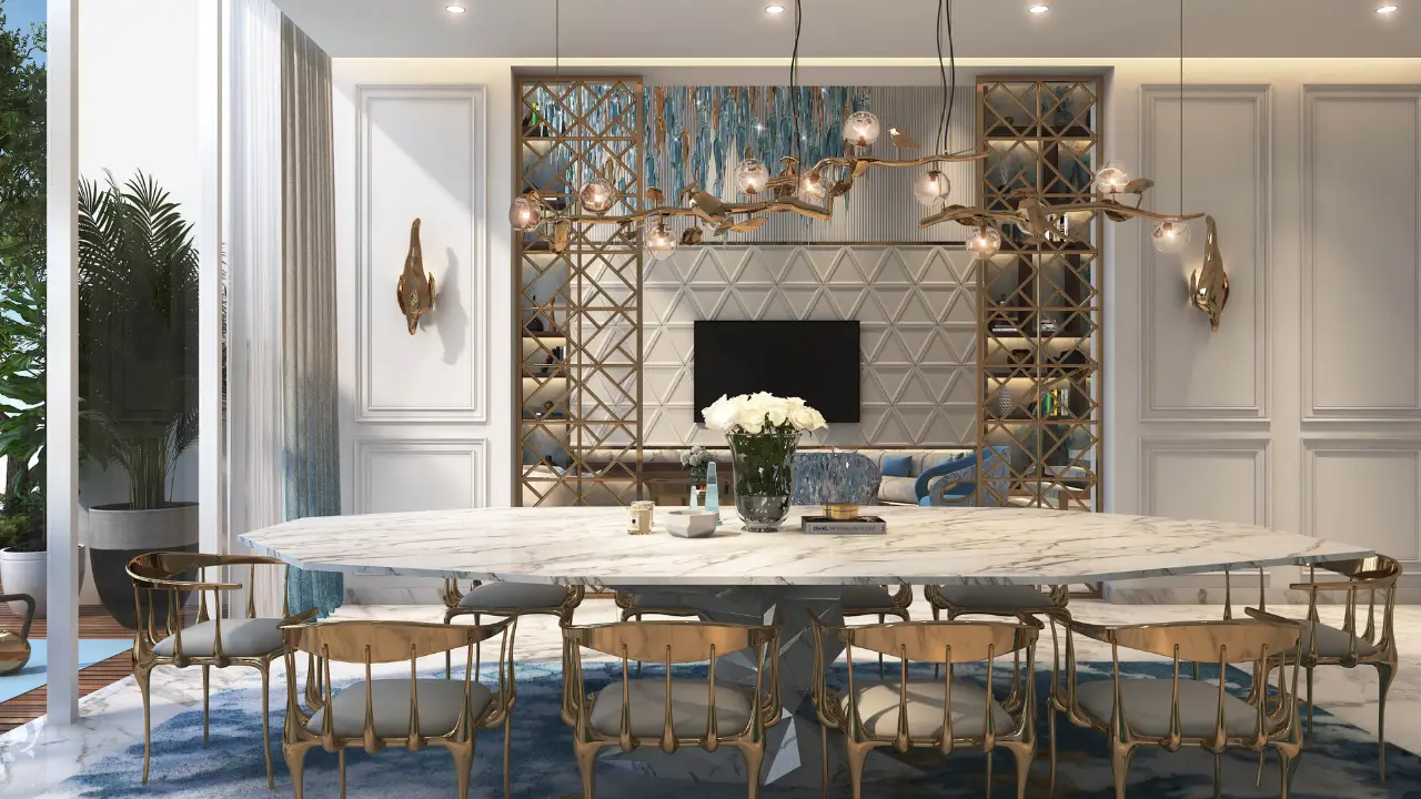 CHIC Tower by DAMAC in Business Bay luxury penthouse dining room with marble table designer lighting and elegant furnishings in Dubai Presented by Tohid Fetrat