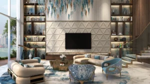 CHIC Tower by DAMAC in Business Bay luxury penthouse living room with double height ceilings designer furnishings and custom shelving in Dubai Presented by Tohid Fetrat