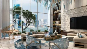 CHIC Tower by DAMAC in Business Bay luxury penthouse living room with panoramic canal views floor to ceiling windows and designer furnishings in Dubai Presented by Tohid Fetrat