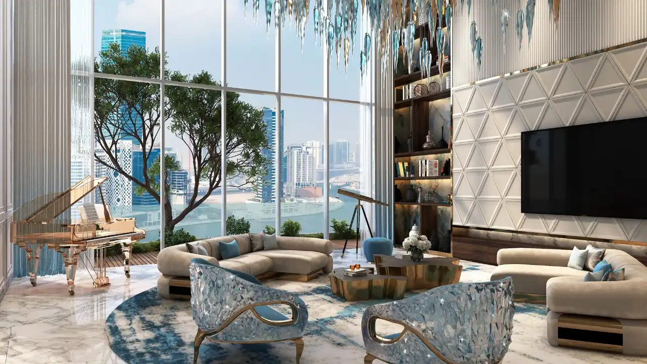 CHIC Tower by DAMAC in Business Bay luxury penthouse living room with panoramic canal views floor to ceiling windows and designer furnishings in Dubai Presented by Tohid Fetrat