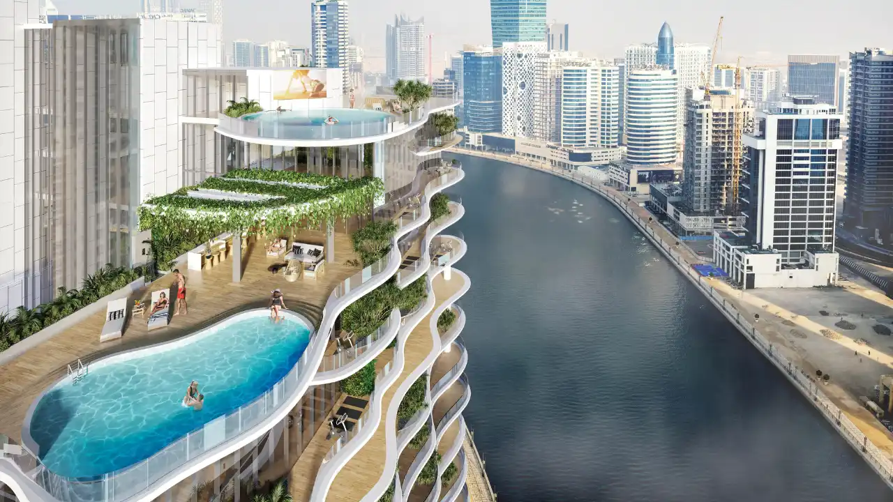 CHIC Tower by DAMAC in Business Bay elevated sky pools with panoramic Dubai Water Canal views and landscaped terraces in Dubai Presented by Tohid Fetrat