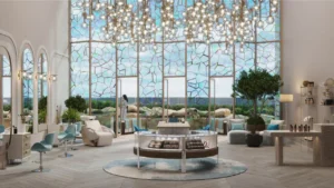 CHIC Tower by DAMAC in Business Bay luxury spa and beauty salon interior with double height stained glass windows in Dubai Presented by Tohid Fetrat