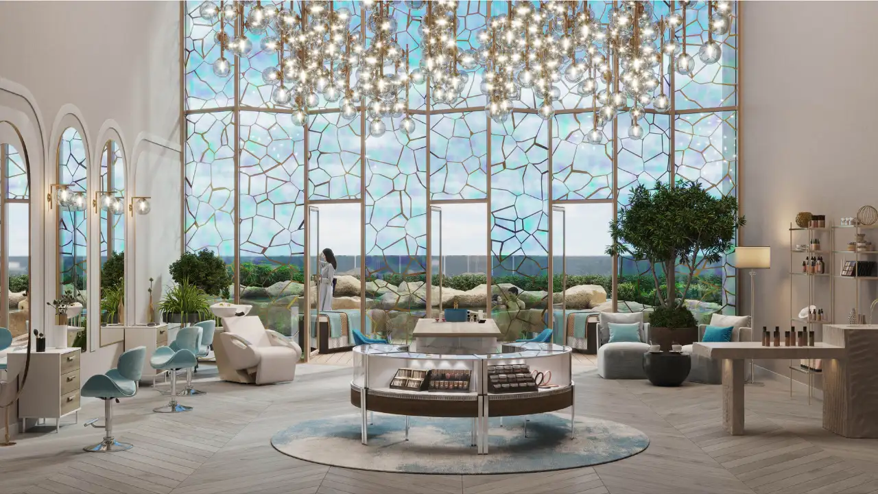 CHIC Tower by DAMAC in Business Bay luxury spa and beauty salon interior with double height stained glass windows in Dubai Presented by Tohid Fetrat
