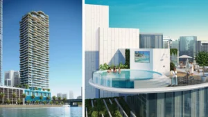 CHIC Tower by DAMAC in Business Bay tower facade and rooftop sky pool overlooking Dubai Water Canal in Dubai Presented by Tohid Fetrat