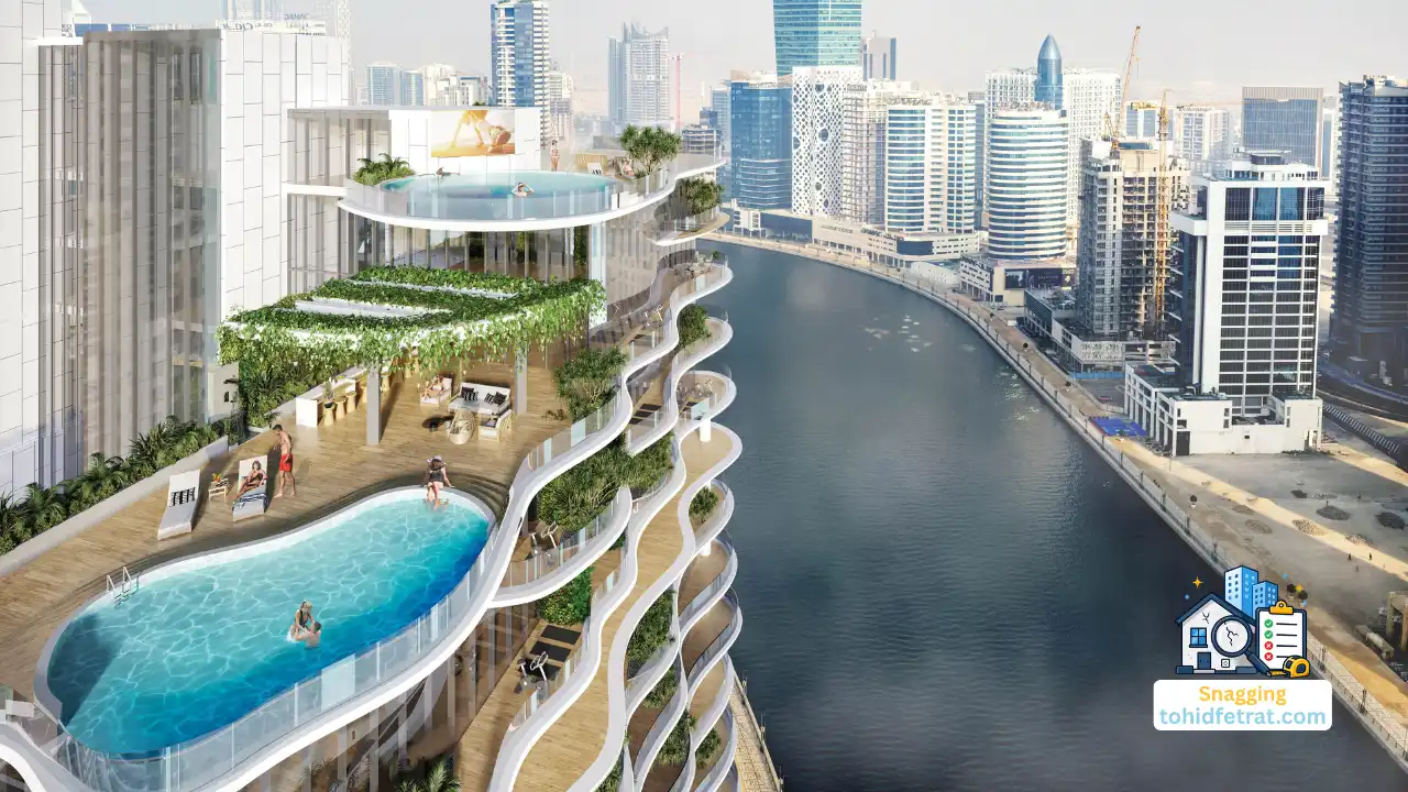 CHIC Tower by DAMAC overlooking Dubai Water Canal featuring luxury terraces, rooftop pools, and waterfront architecture for snagging inspection. Presented by Tohid Fetrat
