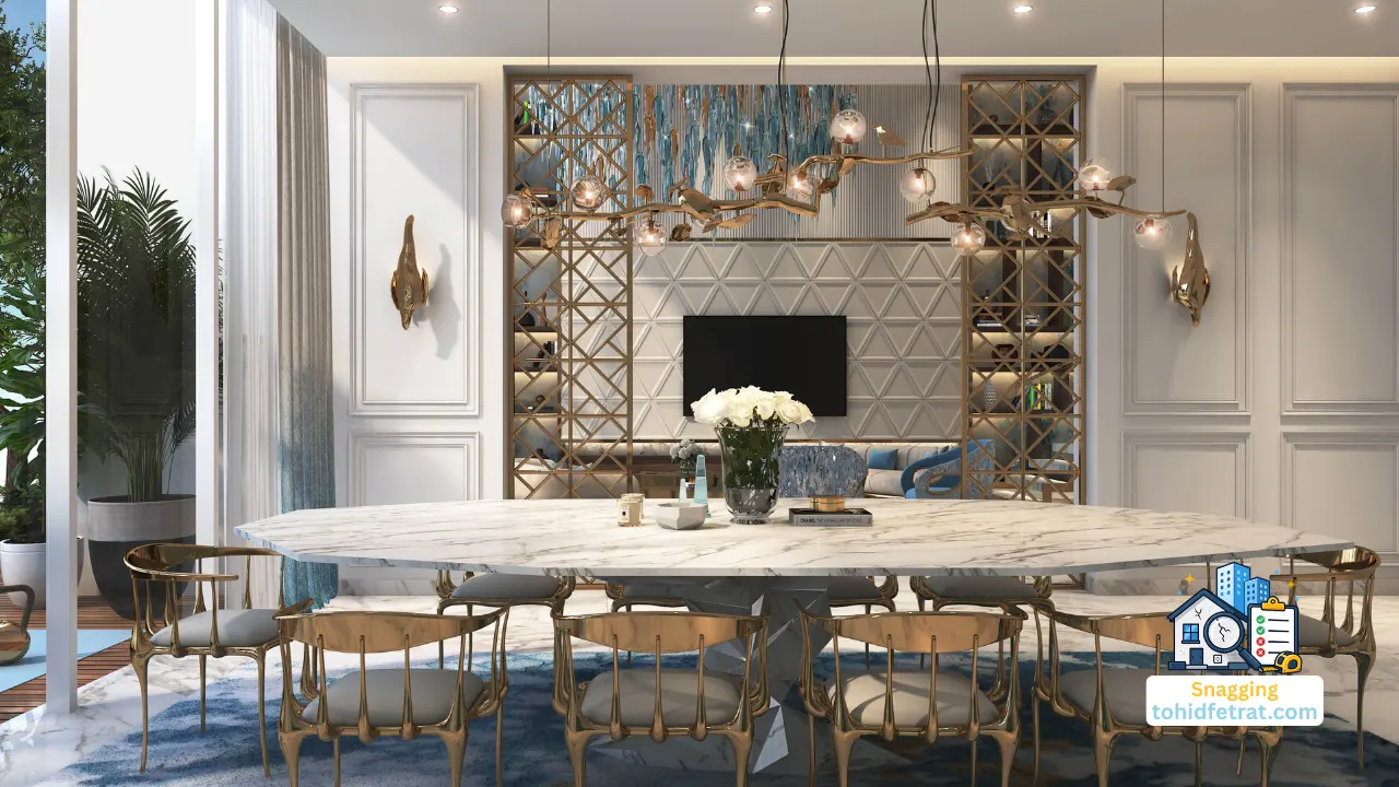 Luxury dining area and designer interior at CHIC Tower in Business Bay illustrating why an independent inspection protects CHIC Tower buyers Presented by Tohid Fetrat