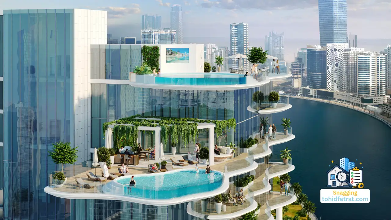 CHIC Tower rooftop infinity pool and luxury wellness terraces in Business Bay during the construction stage illustrating why snagging matters at this stage Presented by Tohid Fetrat