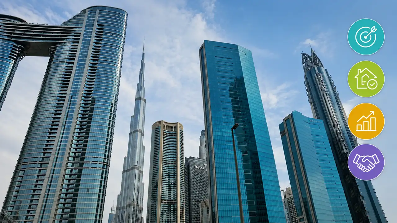 Choose the Right Property in Dubai featuring the Downtown Dubai skyline with modern residential and commercial towers for real estate investment Presented by Tohid Fetrat
