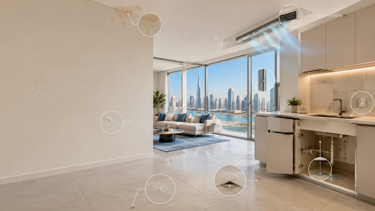 Common Property Defects in Dubai New Builds showing typical snagging issues including wall damage water stains flooring defects air conditioning problems plumbing leaks and electrical faults Presented by Tohid Fetrat