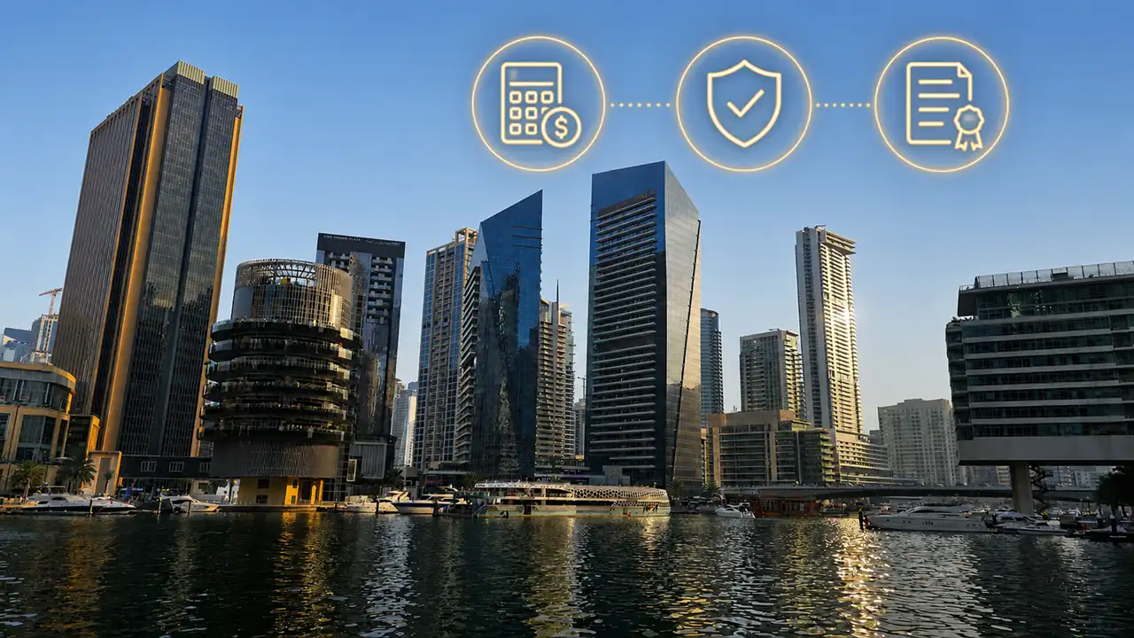 Costs and Fees Related to Oqood Registration illustrated with a Dubai Marina waterfront skyline highlighting registration costs and compliance process Captured by Tohid Fetrat