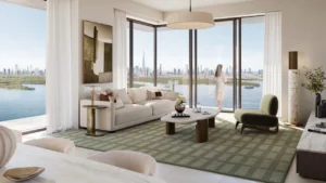Creek Bay at Dubai Creek Harbour by Emaar Properties contemporary apartment living room with floor to ceiling windows overlooking the Dubai skyline and the Gulf in Dubai Presented by Tohid Fetrat