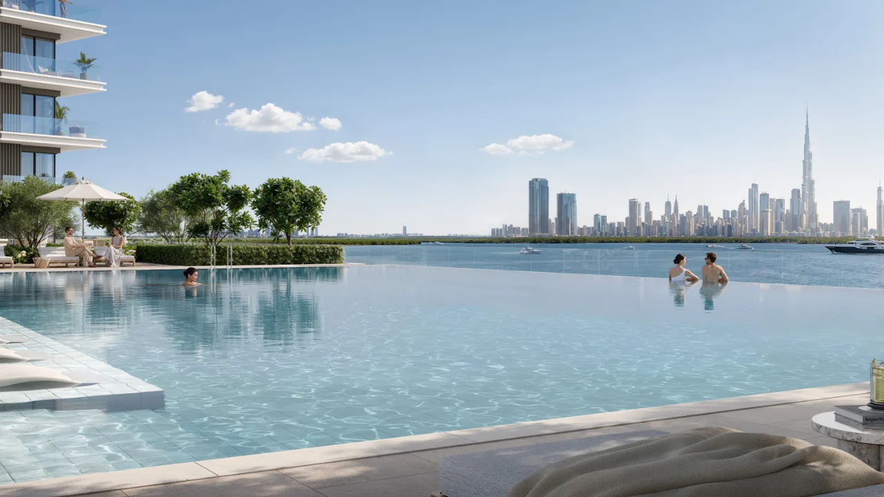 Creek Bay at Dubai Creek Harbour by Emaar Properties infinity pool overlooking the waterfront, Dubai skyline and the Gulf in Dubai Presented by Tohid Fetrat