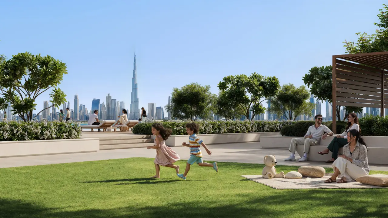 Creek Bay at Dubai Creek Harbour by Emaar Properties landscaped podium garden with family friendly outdoor spaces and Dubai skyline views in Dubai Presented by Tohid Fetrat