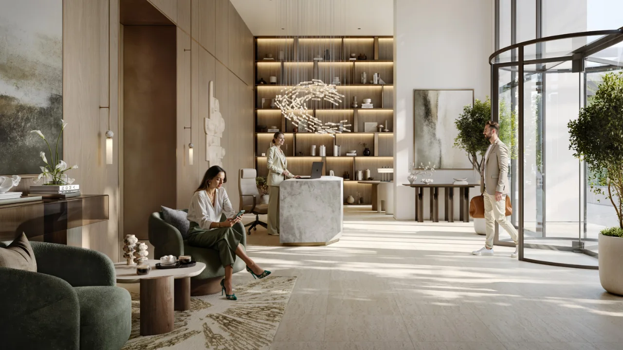 Creek Bay at Dubai Creek Harbour by Emaar Properties luxury lobby with reception desk, contemporary interiors and elegant entrance in Dubai Presented by Tohid Fetrat