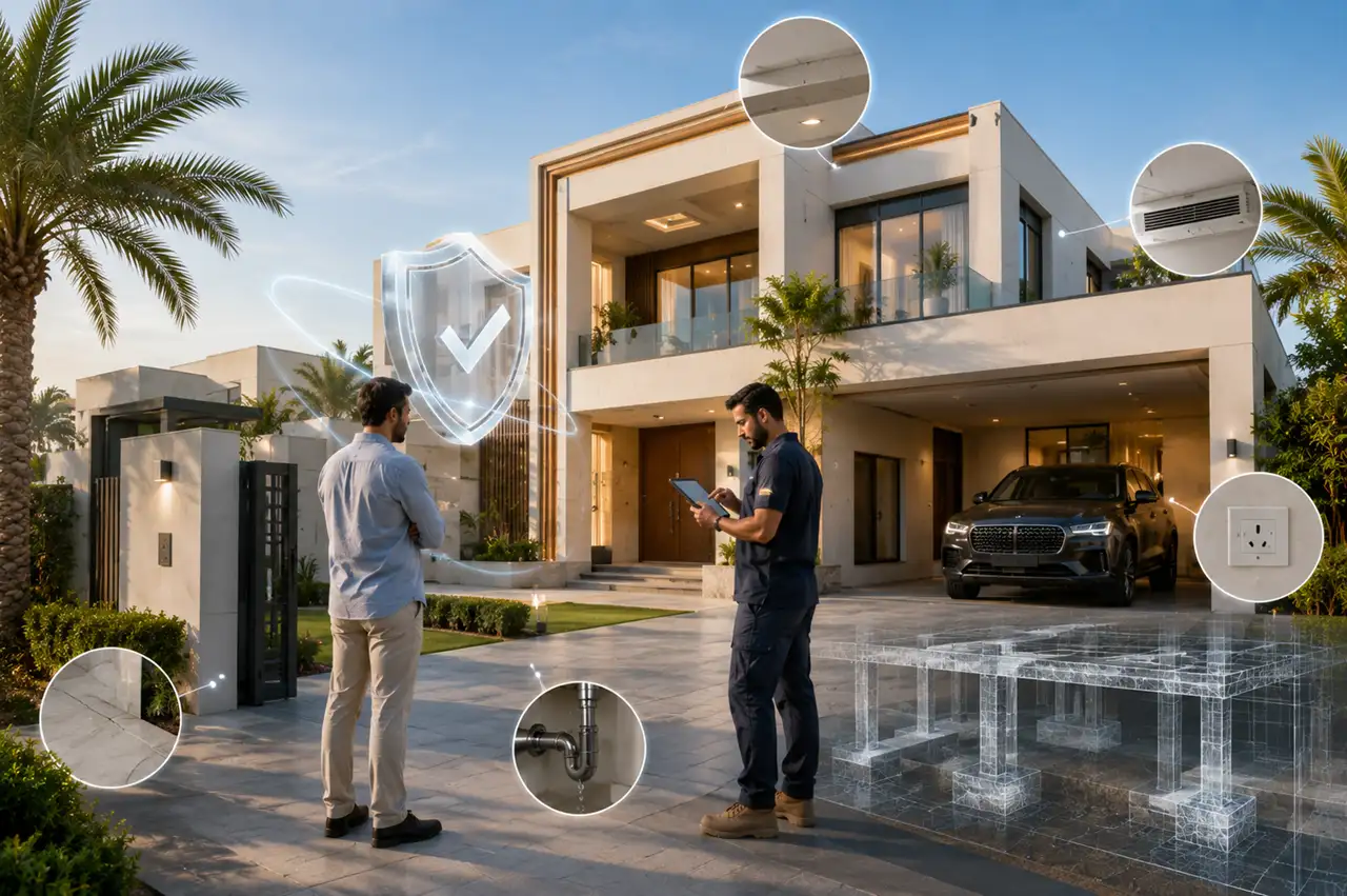 Defect Liability Period and Structural Warranty in Dubai showing a professional inspection of a luxury villa with coverage for construction defects building systems and structural elements Presented by Tohid Fetrat