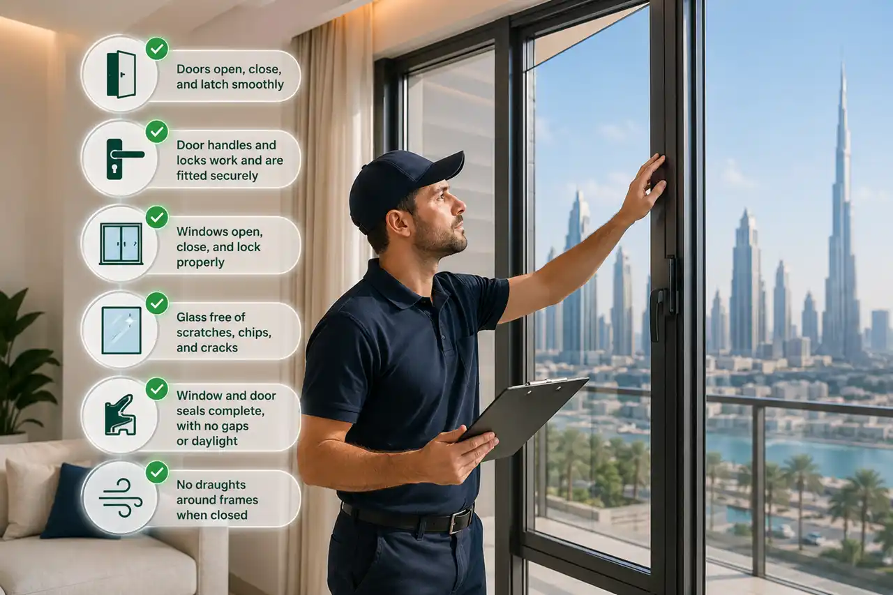 Doors Windows and Glazing inspection during a snagging survey showing checks for window operation seals locks glazing quality and frame alignment in a Dubai apartment Presented by Tohid Fetrat