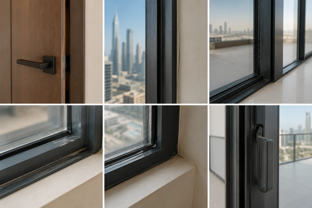 Doors Windows and Glazing inspection showing door hardware window frames glazing seals condensation issues frame alignment and installation quality in a Dubai property Presented by Tohid Fetrat