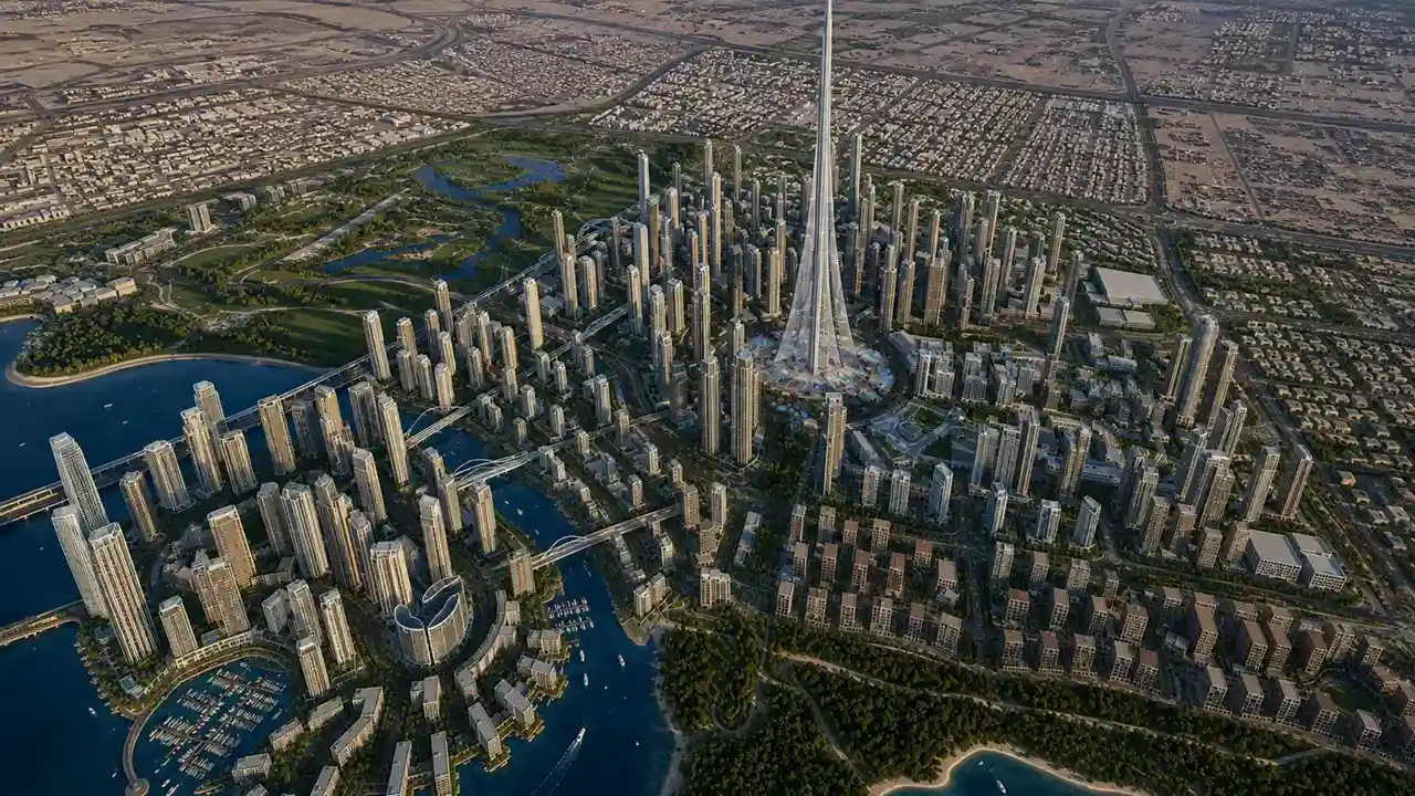 Dubai Creek Harbour Community masterplan aerial view showcasing waterfront districts marina promenades and iconic skyline landmarks Presented by Tohid Fetrat