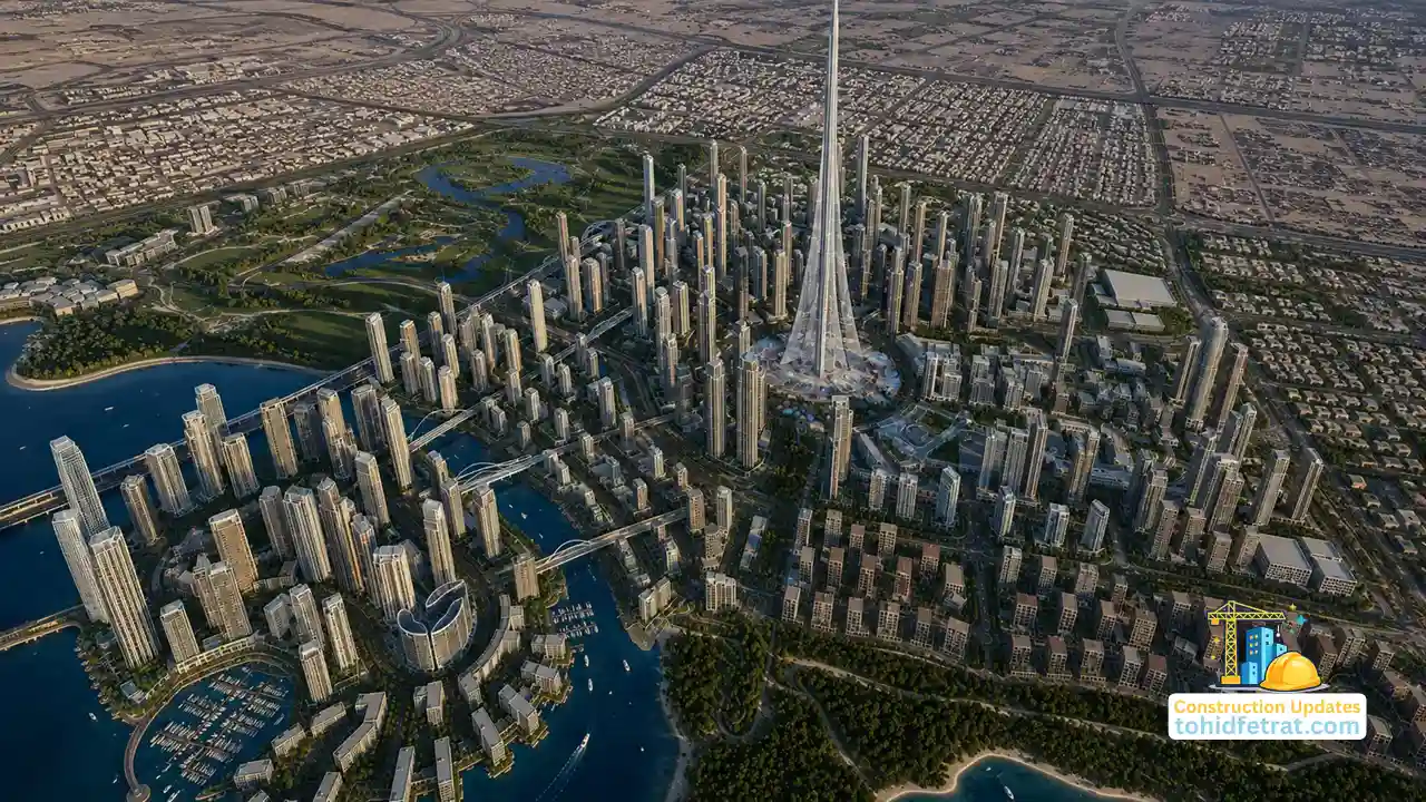 Dubai Creek Harbour Construction Updates aerial masterplan view showcasing waterfront districts residential towers marina areas and the future urban vision of Dubai Creek Harbour Presented by Tohid Fetrat