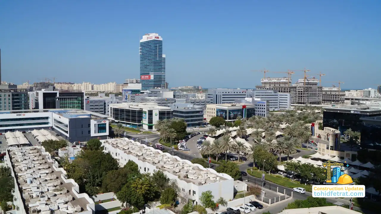 Dubai Media City Construction Updates showing the business district skyline with ongoing development and commercial buildings. Presented by Tohid Fetrat