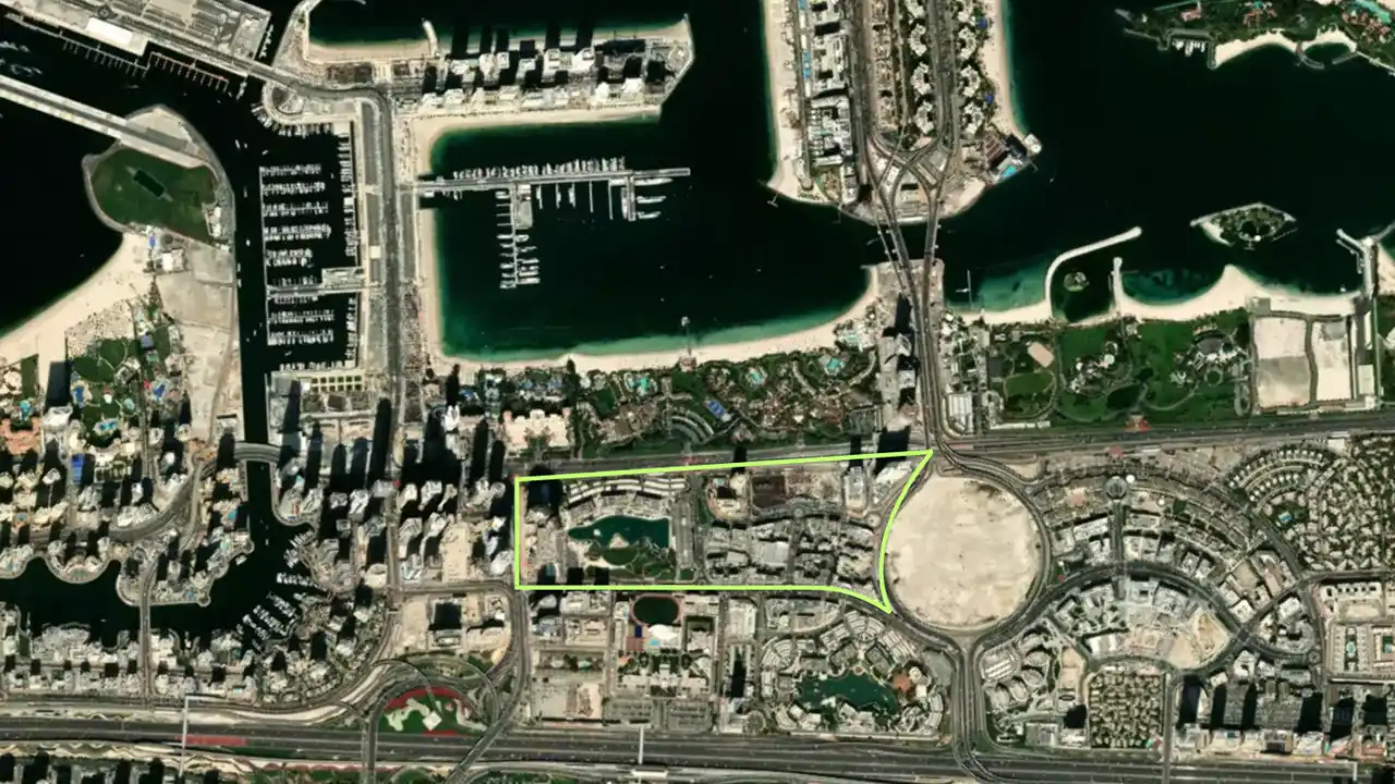 Dubai Media City Masterplan satellite map highlighting the master planned district and its strategic waterfront location in Dubai. Presented by Tohid Fetrat