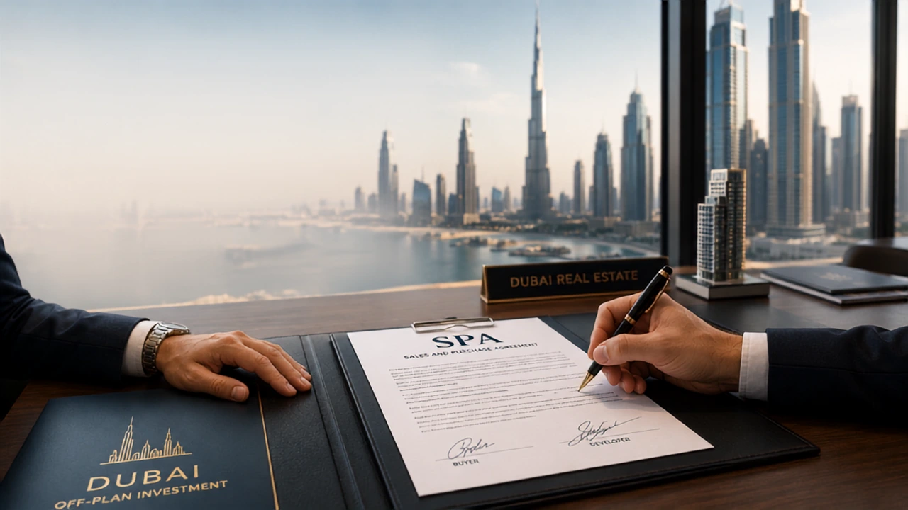 Dubai Off Plan SPA Contract Guide showing the signing of a Sales and Purchase Agreement for a Dubai real estate investment with skyline views in the background Presented by Tohid Fetrat