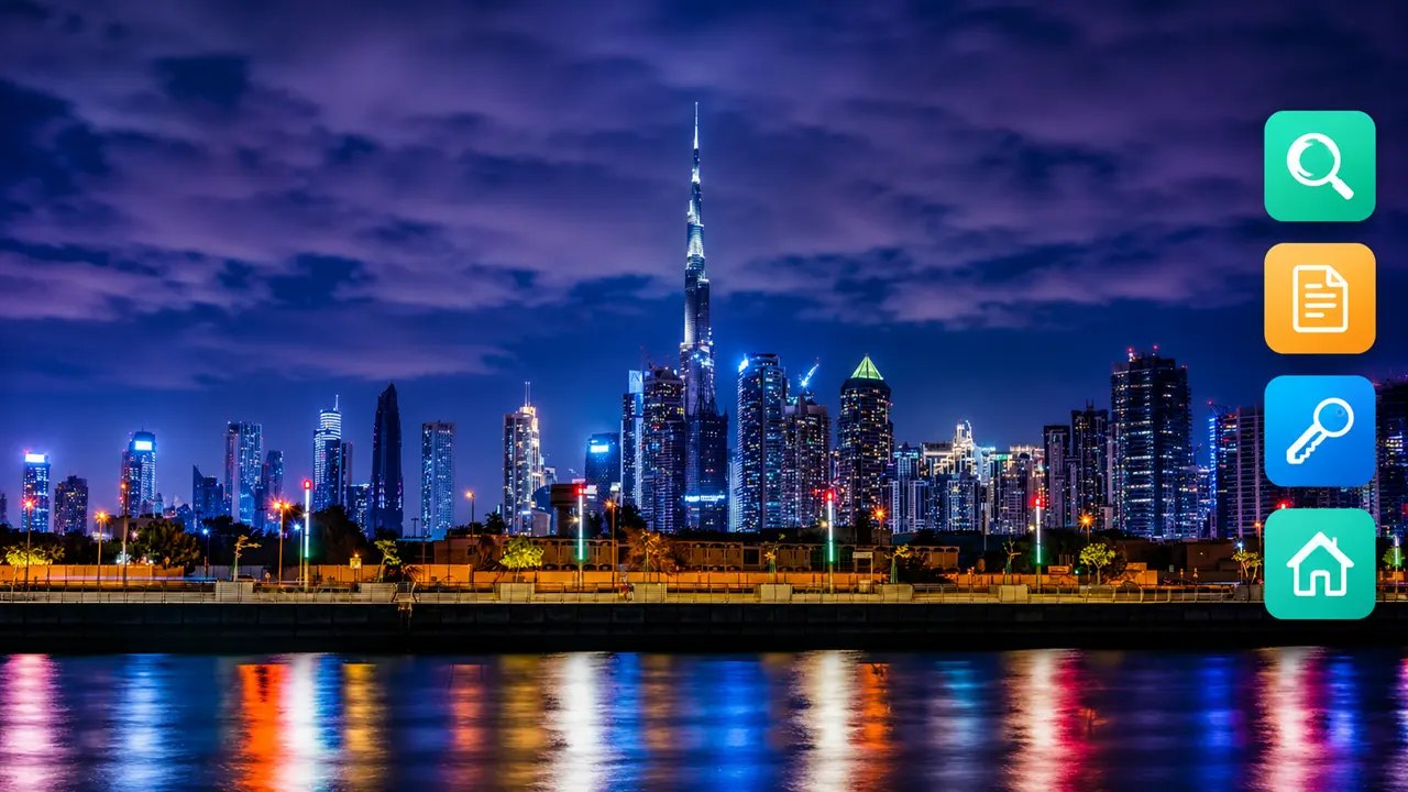 Dubai Property Handover featuring the Downtown Dubai skyline at night representing the final stage of the property handover process Presented by Tohid Fetrat