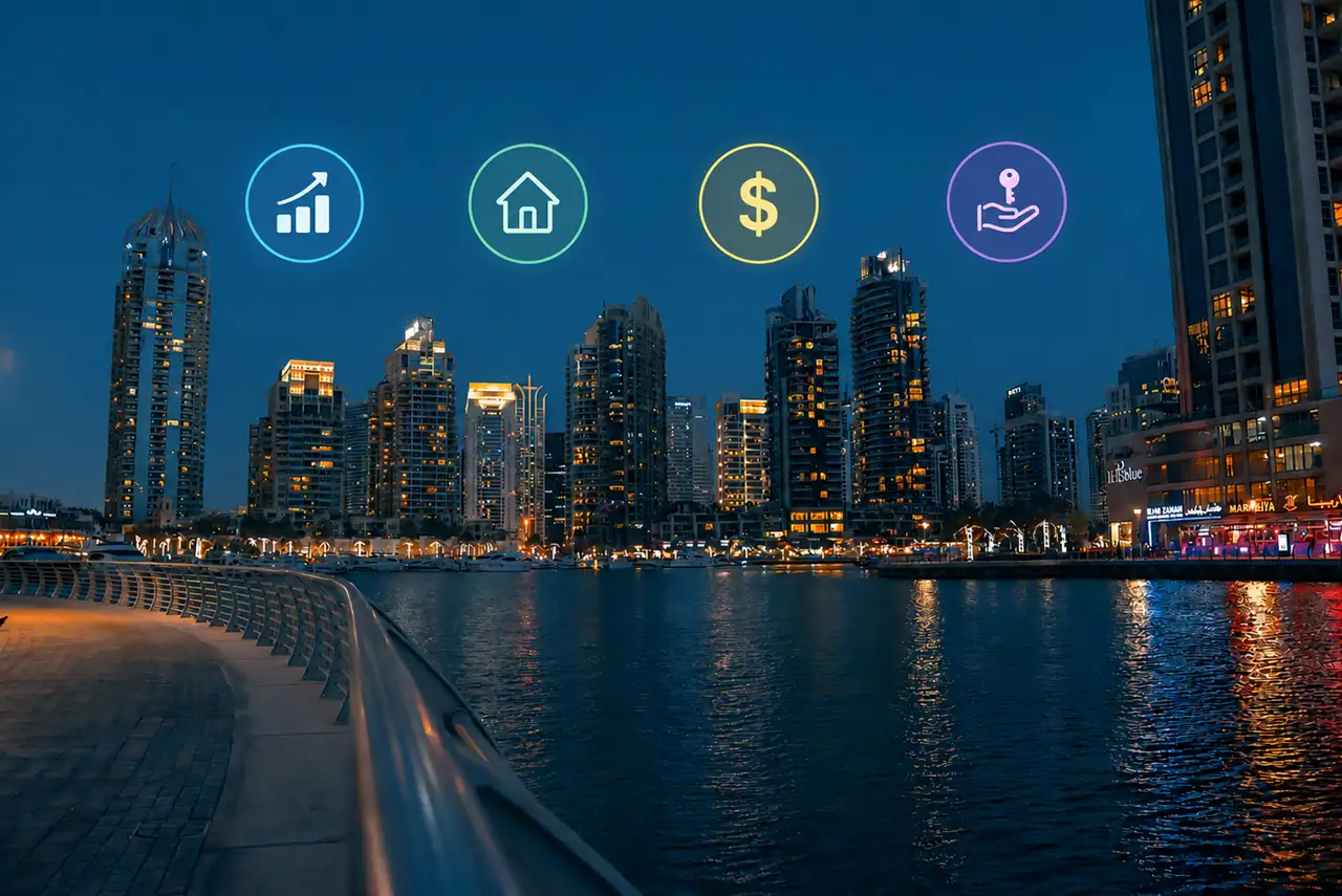 Dubai Real Estate ROI in 2026 featuring property investment performance rental yield wealth growth and ownership indicators against the Dubai Marina skyline Presented by Tohid Fetrat