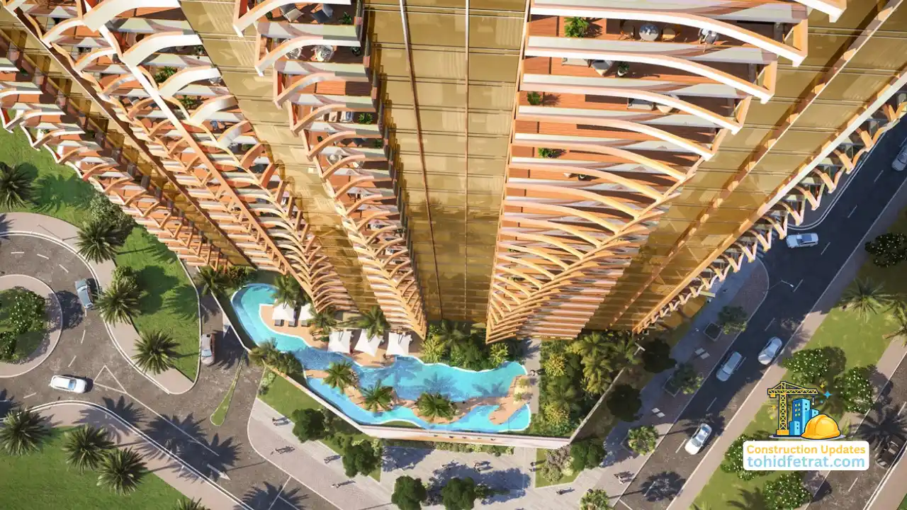 Elegance Tower by DAMAC in Downtown Dubai construction update April 2026 featuring the podium pool deck and architectural facade design in Dubai - Presented by Tohid Fetrat