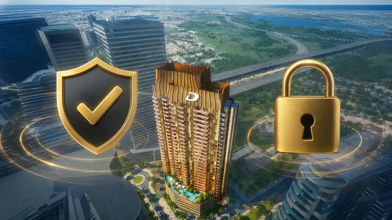 Elegance Tower by DAMAC in Downtown Dubai escrow account security visual featuring the project tower with protection shield and secure lock symbols in Dubai - Presented by Tohid Fetrat