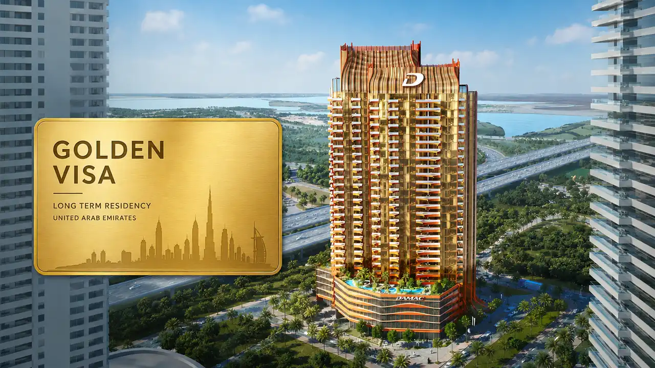 Elegance Tower by DAMAC in Downtown Dubai Golden Visa eligibility visual featuring the project tower and UAE Golden Visa card in Dubai - Presented by Tohid Fetrat