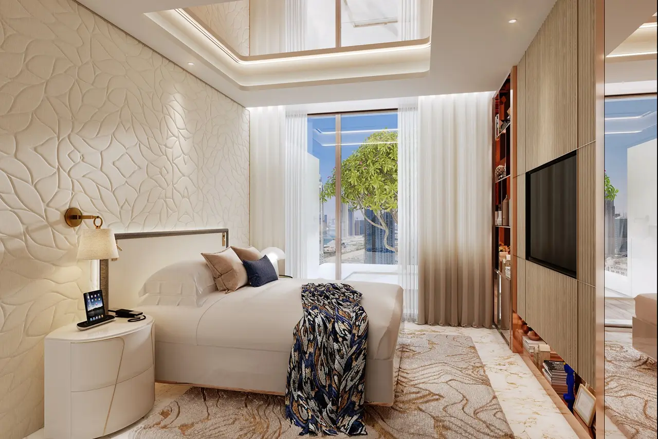 Elegance Tower by DAMAC in Downtown Dubai featuring a luxury bedroom interior with custom finishes and floor to ceiling windows in Dubai - Presented by Tohid Fetrat