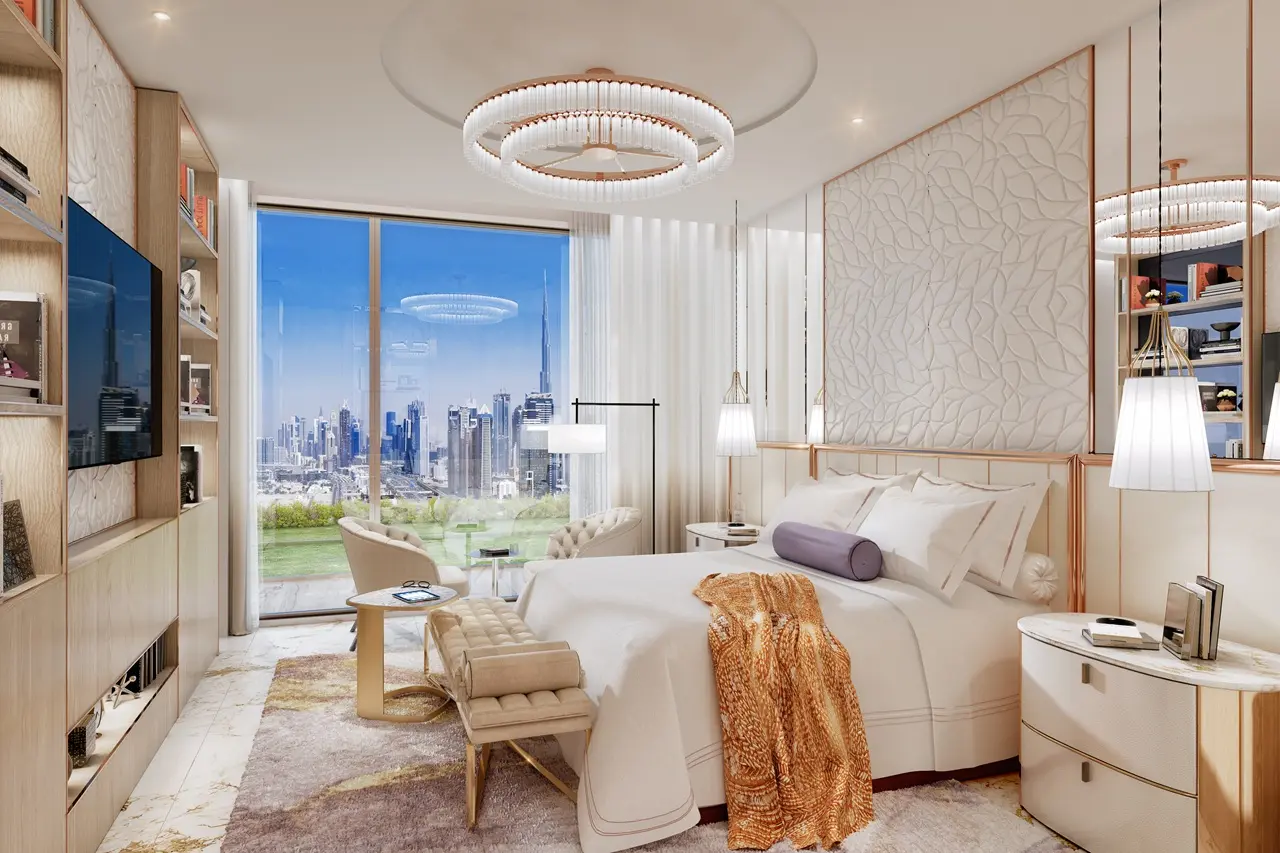 Elegance Tower by DAMAC in Downtown Dubai featuring a luxury bedroom with panoramic skyline views and elegant interior design in Dubai - Presented by Tohid Fetrat