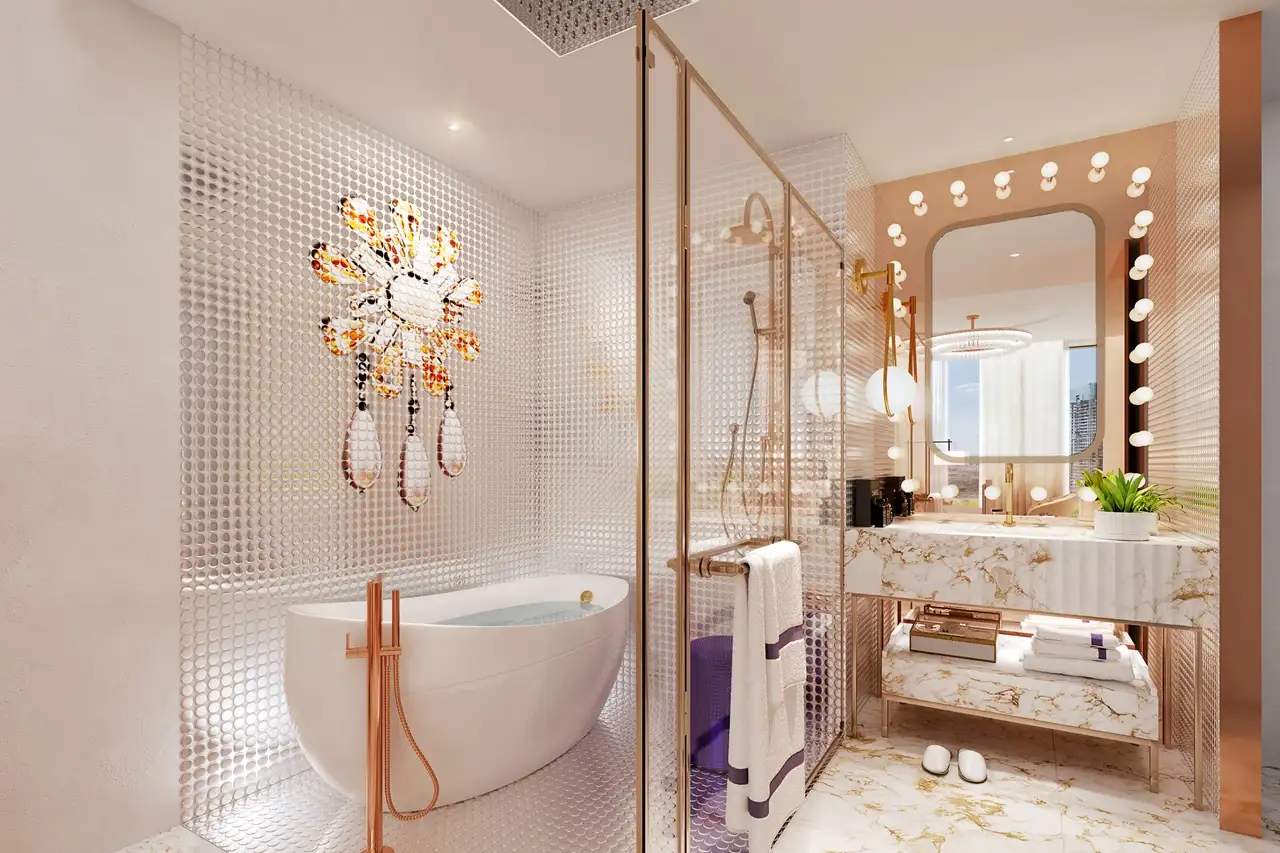 Elegance Tower by DAMAC in Downtown Dubai featuring a luxury bathroom with freestanding bathtub marble vanity and designer finishes in Dubai - Presented by Tohid Fetrat