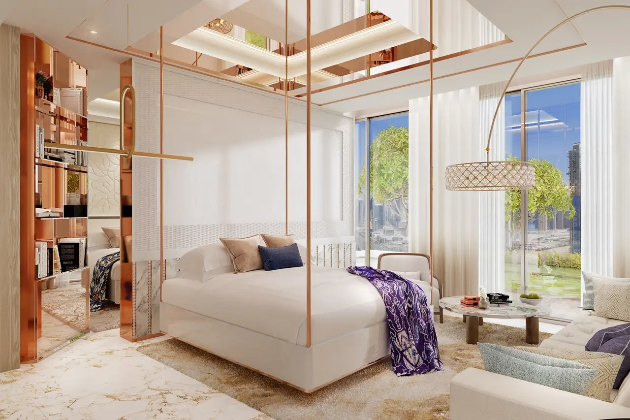 Elegance Tower by DAMAC in Downtown Dubai featuring a luxury master bedroom with designer furnishings and floor to ceiling windows in Dubai - Presented by Tohid Fetrat
